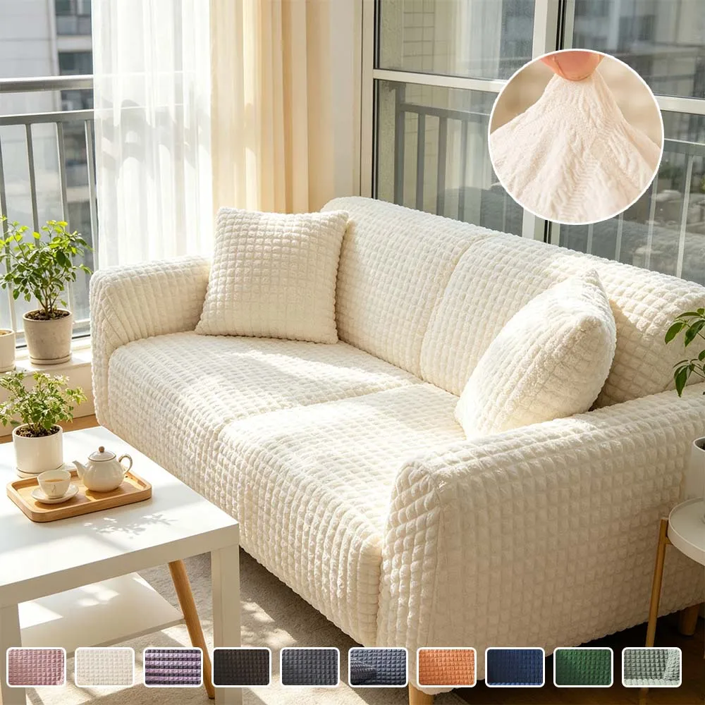 Bubble Gauze Elastic Sofa Cover Non-Slip Universal Couch Protector Pet-Friendly Washable Slipcovers for1-4 Seater Corner Sofa