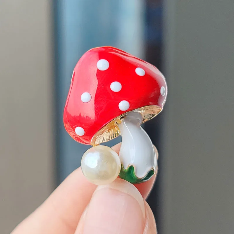 RONGXUANMEI 2024 New Trendy Red Mushroom Brooches For Women Cute Drop Oil Enamel Pearl Brooch Pin Fashion Female Breastpin