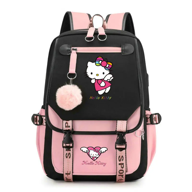 Hello Kitty plecaki z nadrukiem z kreskówki USB chłopcy dziewczęcy tornister studenci Bookbag nastolatki kobiety Mochila Escolar