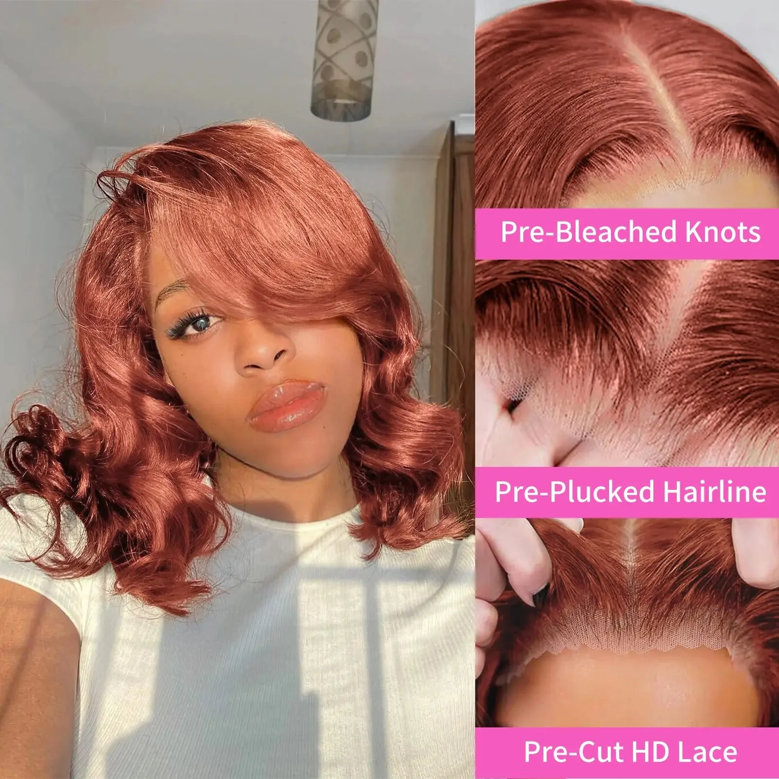 วิกผมลูกไม้ด้านหน้าสีน้ำตาลแดงแบบ Body Wave ผมแท้บราซิล ขนาด 12 14 16 นิ้ว