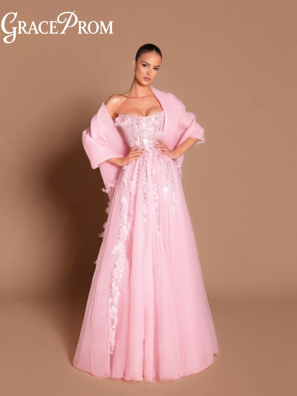 Rosa frisado penas a linha vestido de noite longo com xale elegante sem alças vestido de festa de casamento 2026 novos vestidos de baile personalizados