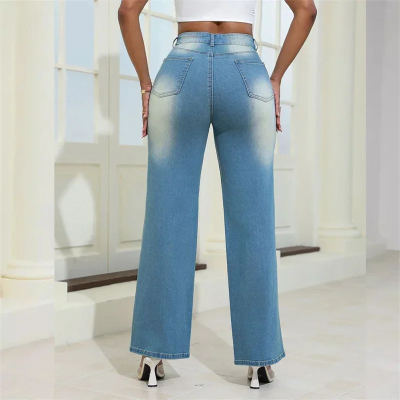 New Vintage Broken Holes Loose Straight Jeans Women High Waist Button Splice Denim Pants Female Trousers Casual Trend Streetwear