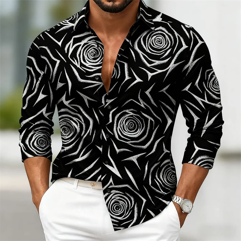 

Мужская рубашка Art Rose 3D HD с принтом Рубашка с длинным рукавом Модная тонкая черно-белая контрастная индивидуальная рубашка Удобная ткань