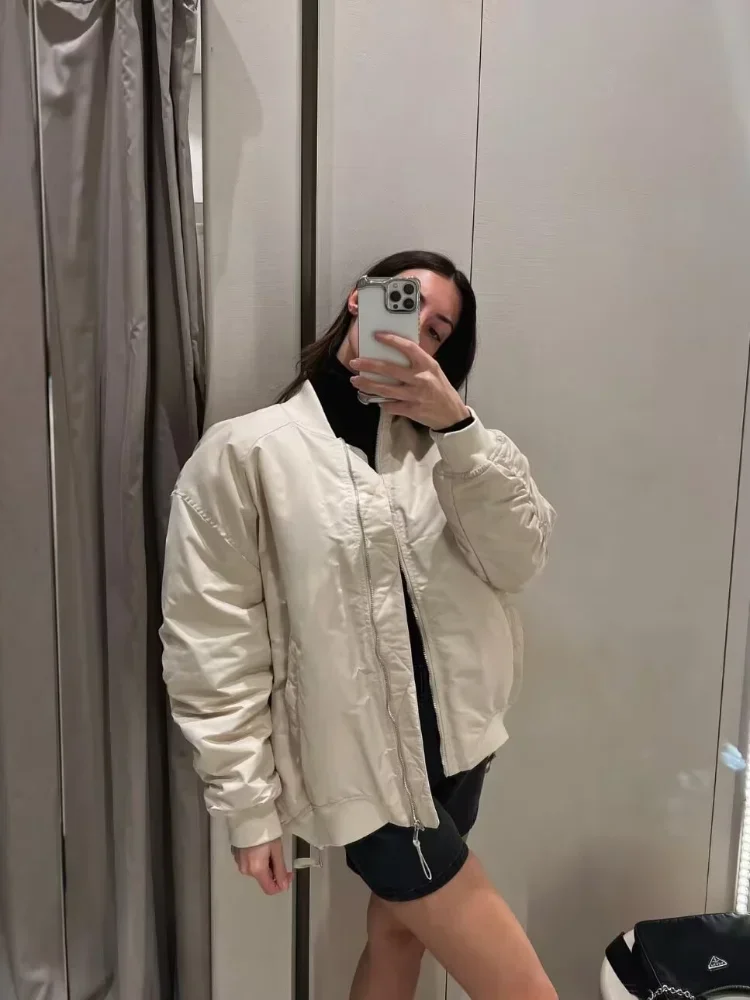 Jaquetas bomber femininas de gola Stand, casaco feminino de manga comprida, outerwear de bolso sólido, zíper branco, streetwear casual, novo, outono, 2024