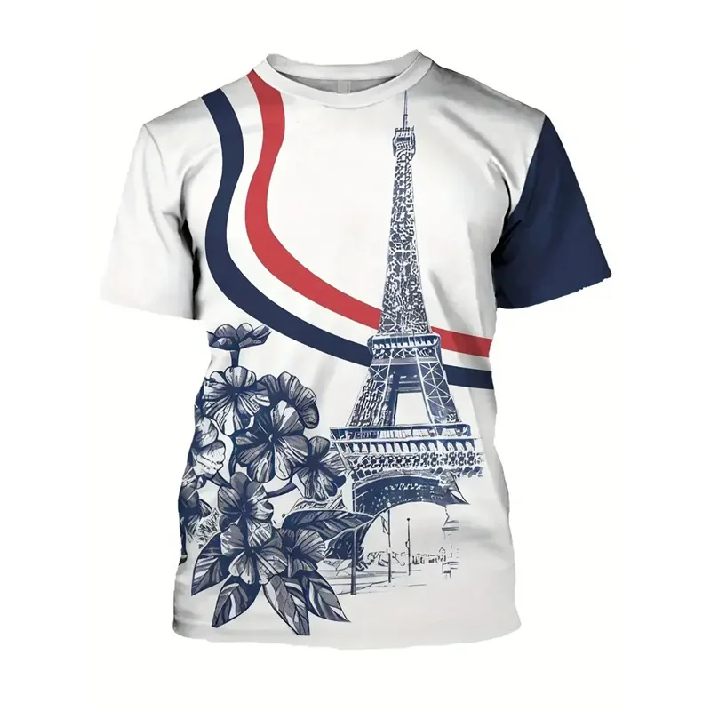 French Symbol 3d Printed T-shirt For Men's Rooster Bicycle Eiffel Tower Pattern T Shirts Street Casual Football Training Tees