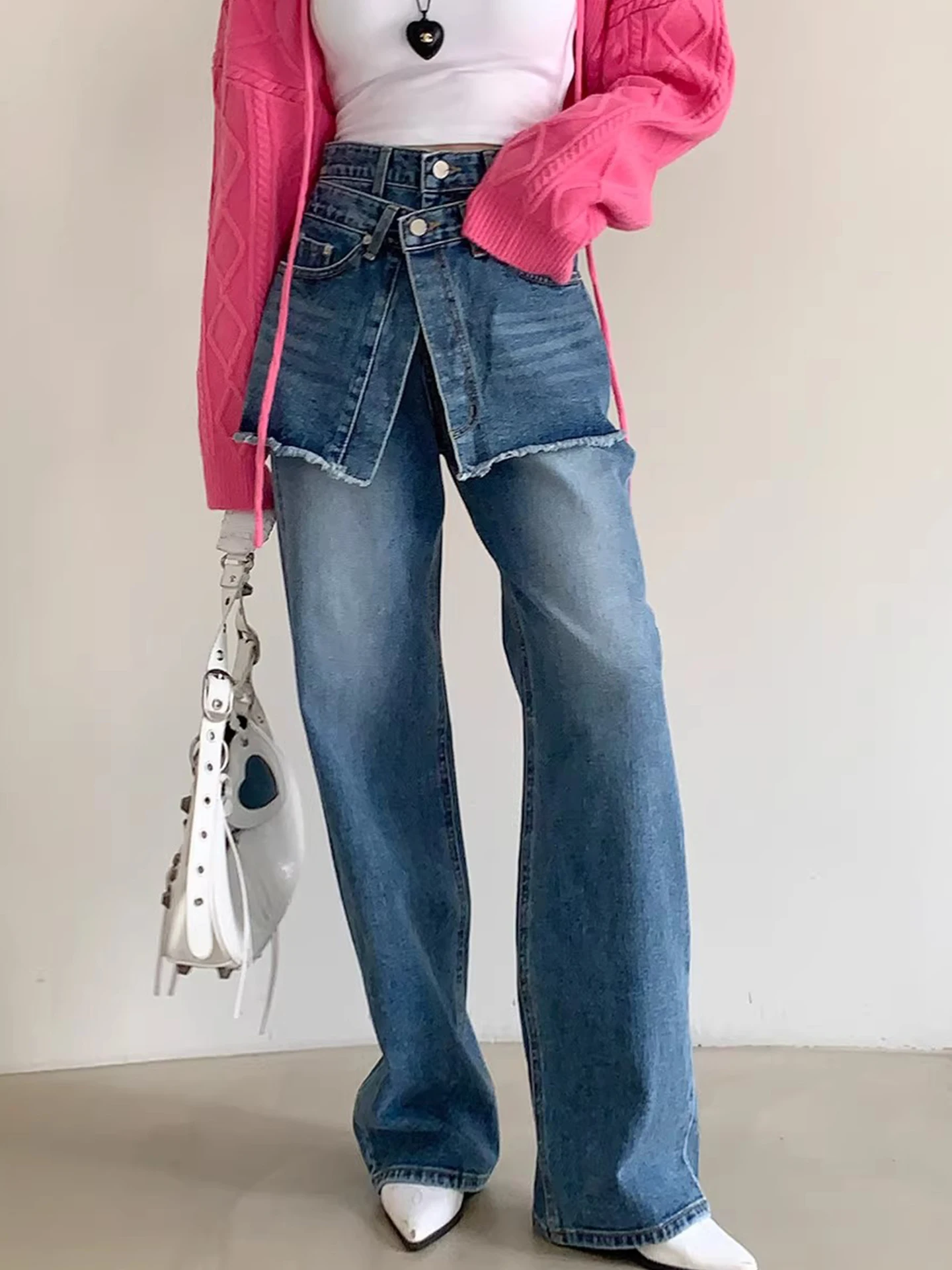

Fashionable Double Layer High Waist Denim Pants Women's Early Spring New Loose Straight Leg Wide Leg Pants Casual Style