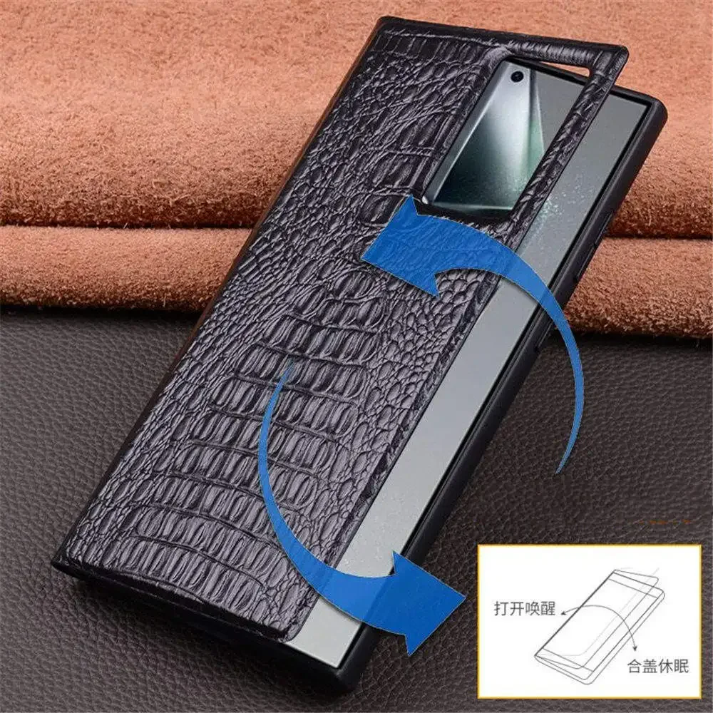 Genuine Cowhide Leather Flip Case for Samsung Galaxy S24 Ultra Smartcase Crocodile Pattern Window View Business Cover Book