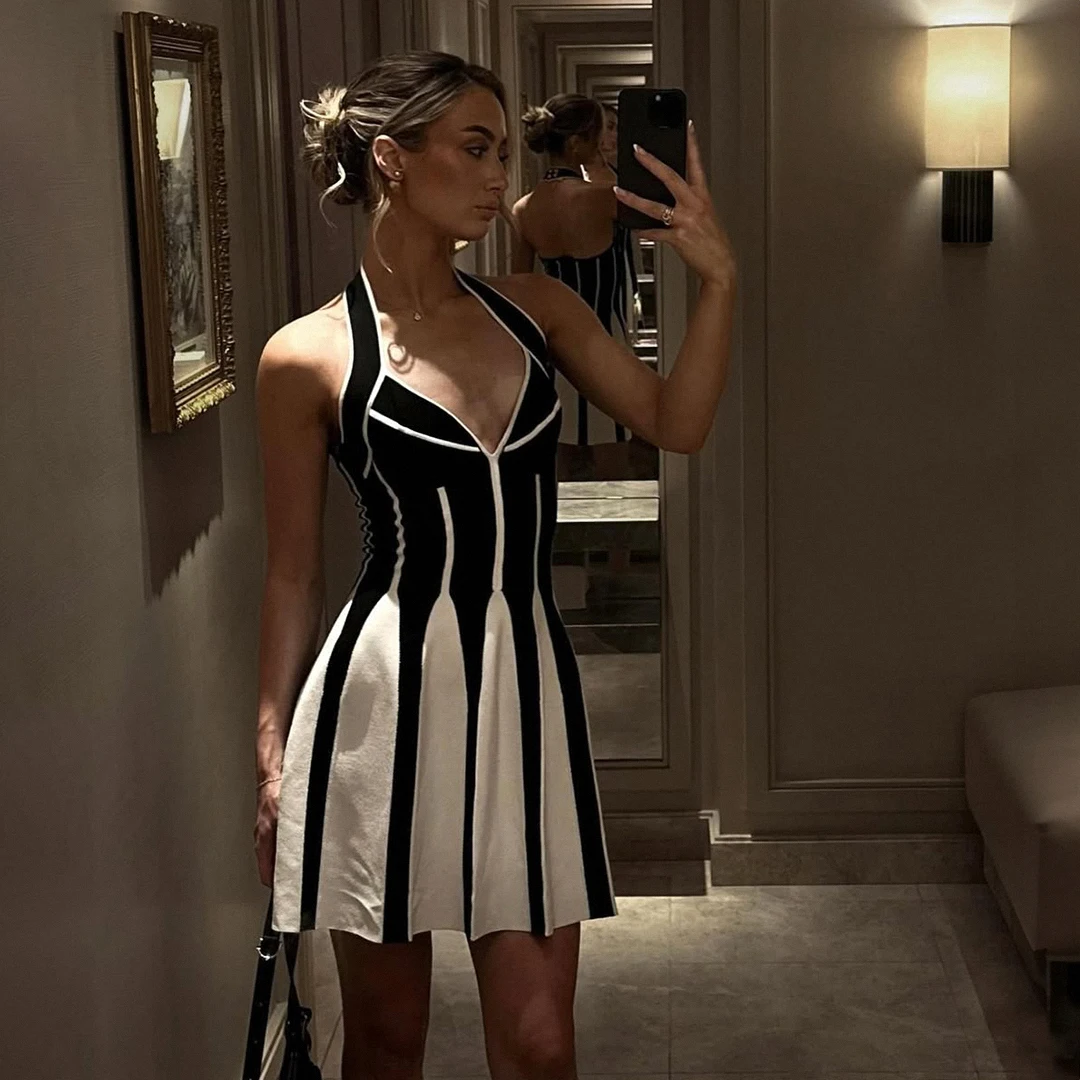 

Новое дизайнерское платье-бандаж для женщин: мини-платье А-силуэта с открытой спиной и воротником-стойкой, эластичное трикотажное, для вечеринок и клубов, цельное
