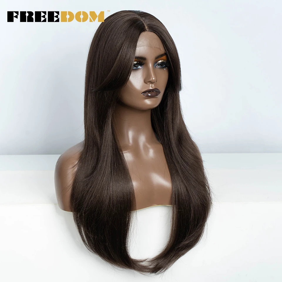 FREEDOM Straight Synthetic Lace Front Wigs For Women 26 Inch Long Lace Wig With Bangs Ombre Brown Blonde Grey Red Cosplay Wig