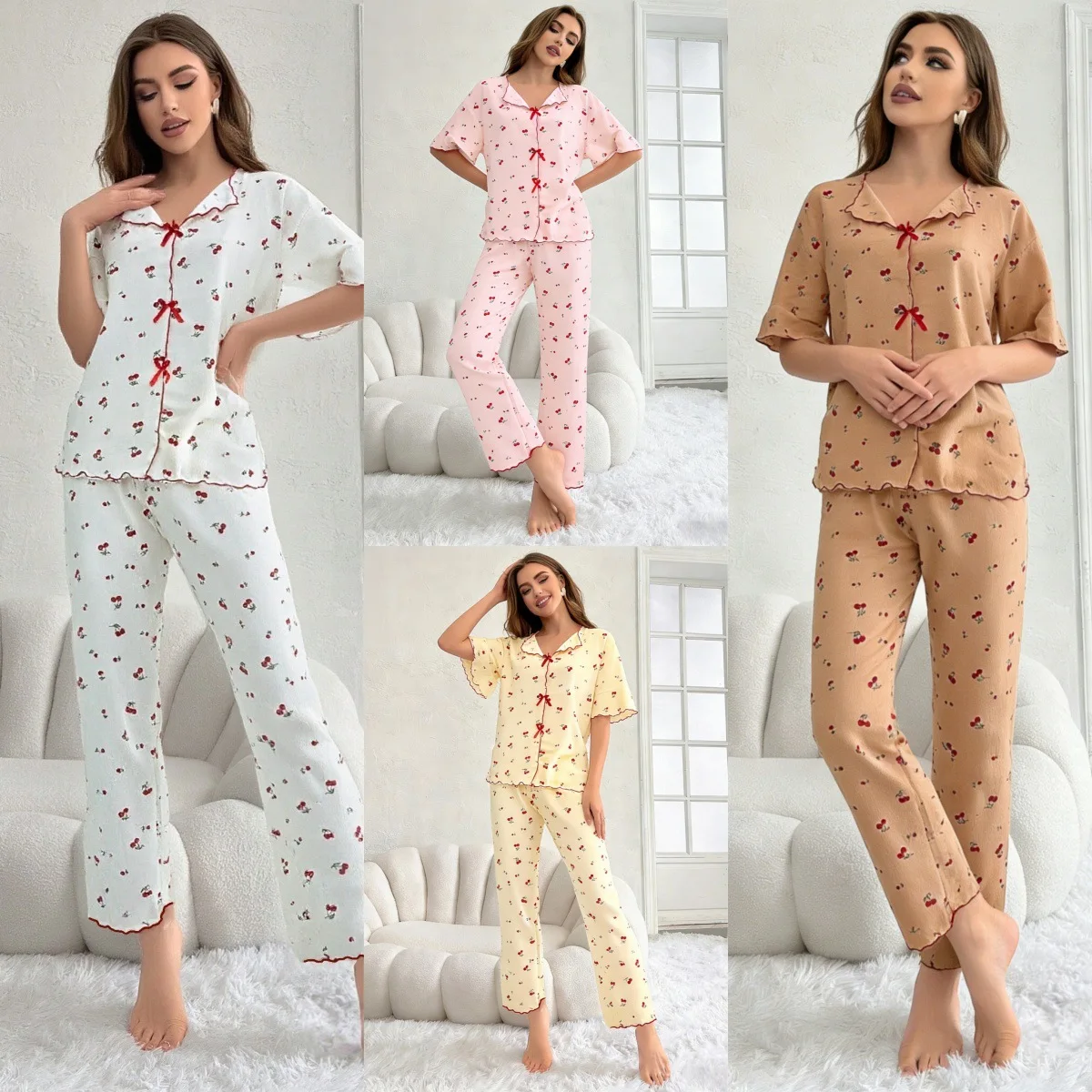 

Summer New Women's American-Style Short Sleeve Summer Pajamas Casual Cherry Print Short Sleeve Plus-Size Homewear Set Underwear