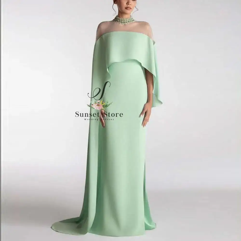 

Customized Mint Green Evening Dresses with Cape Beaded Neck Satin Formal Gown with Wrap Elegant Long Met Gala vestidos de festi