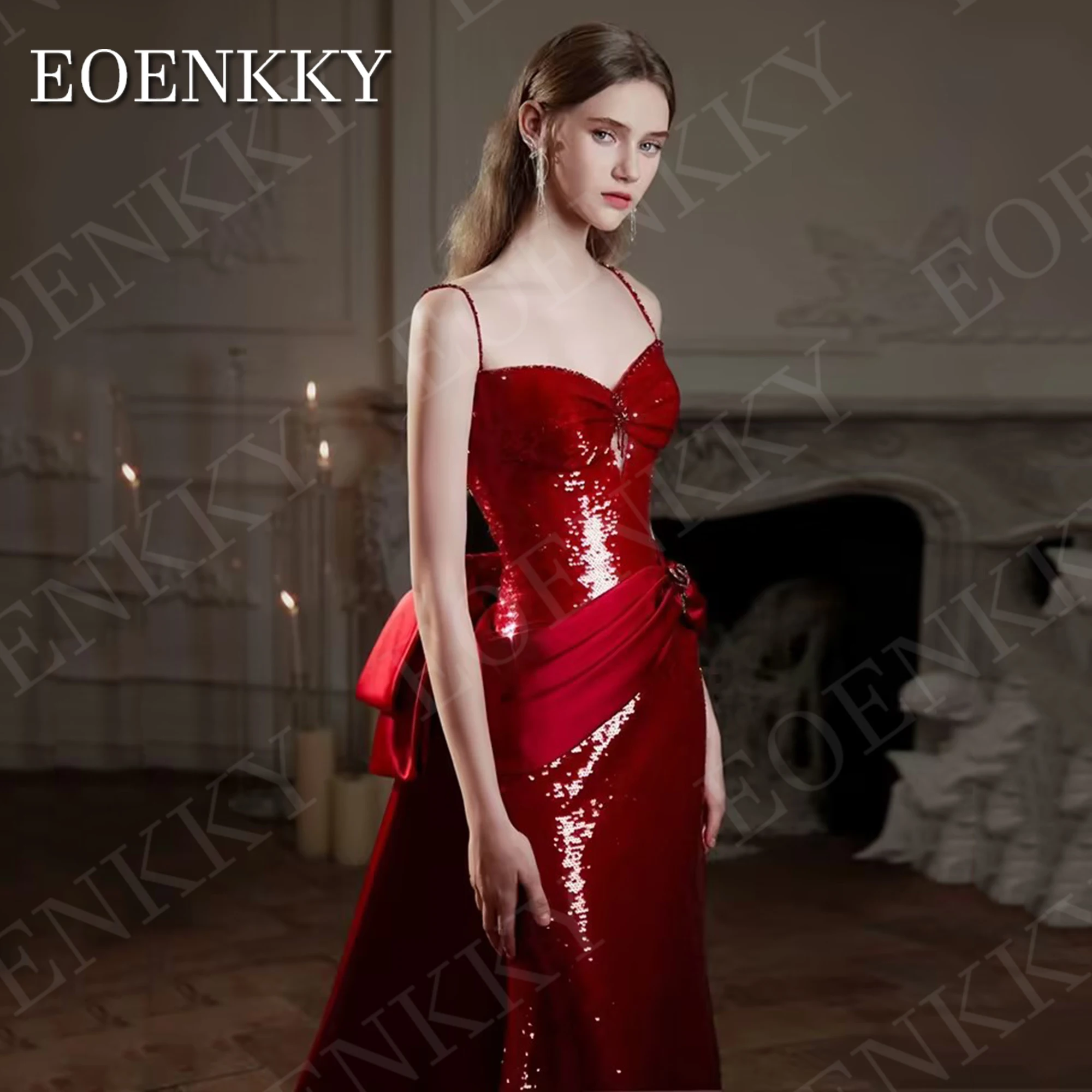 EOENKKY Luxury Mermaid Slim Evening Dresses فساتين سهرة Detachable Train Sexy Sequin Spaghetti Straps Prom Gowns Red Customized