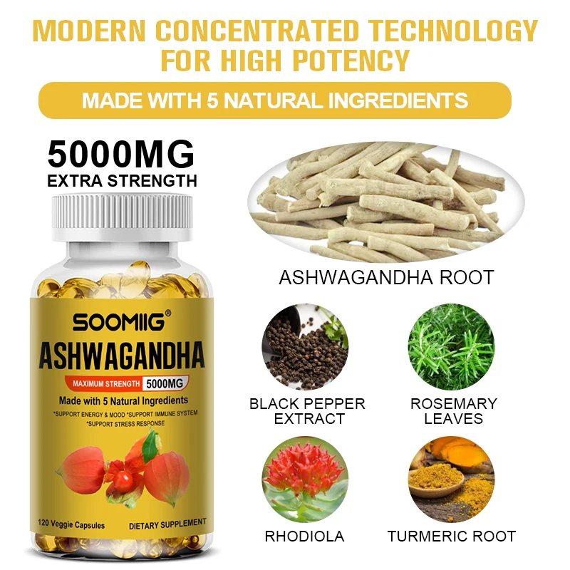 Natural Ashwagandha 5000 Mg Vegetarian Capsules Pure Ashwagandha Root Extract for Mood and Stress, Immunity, Brain and Memory