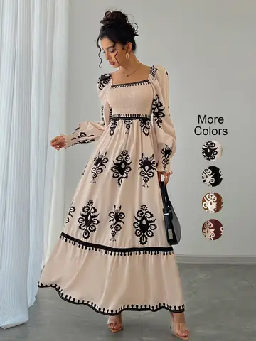 Women's All Over Print Shirred Bishop Sleeve A Line Dress, Long Sleeve Dress for Fall & Winter,