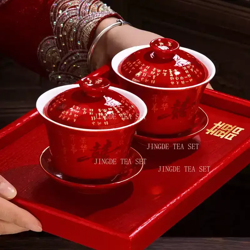 2pcs Chinese Ceramic Tea Tureen Handmade Boutique Gaiwan Tea Bowl Red Teaware Supplies Portable with Lid Teacup Wedding Tea Set