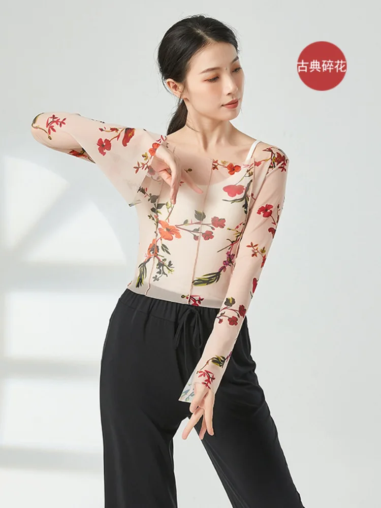Floral Mesh Long Sleeve Dance Top Women Slim Fit Round Neck Modern Dancewear Stage Performance Costume Ballet Practice Shirt