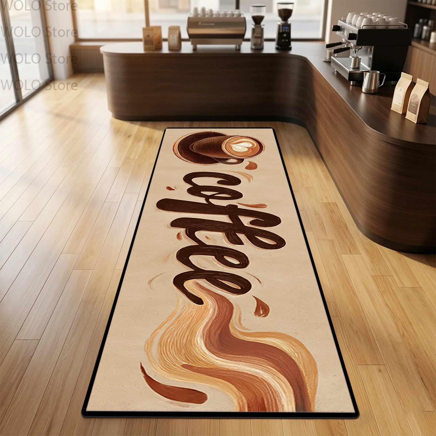 Coffee Themed Brown Runner Carpet Store Dining Room Decoration Long Hallway Rug Non-slip Washable Kitchen Floor Mats Lint-free