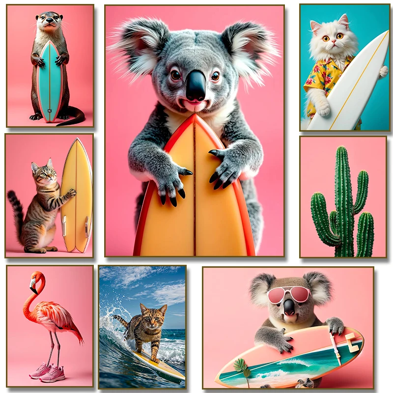 1pc frameless Canvas Painting Fashion Cat Koala Surfer Otter with Surfboard Cactus Pink Flamingo  Poster Canvas Painting Print W