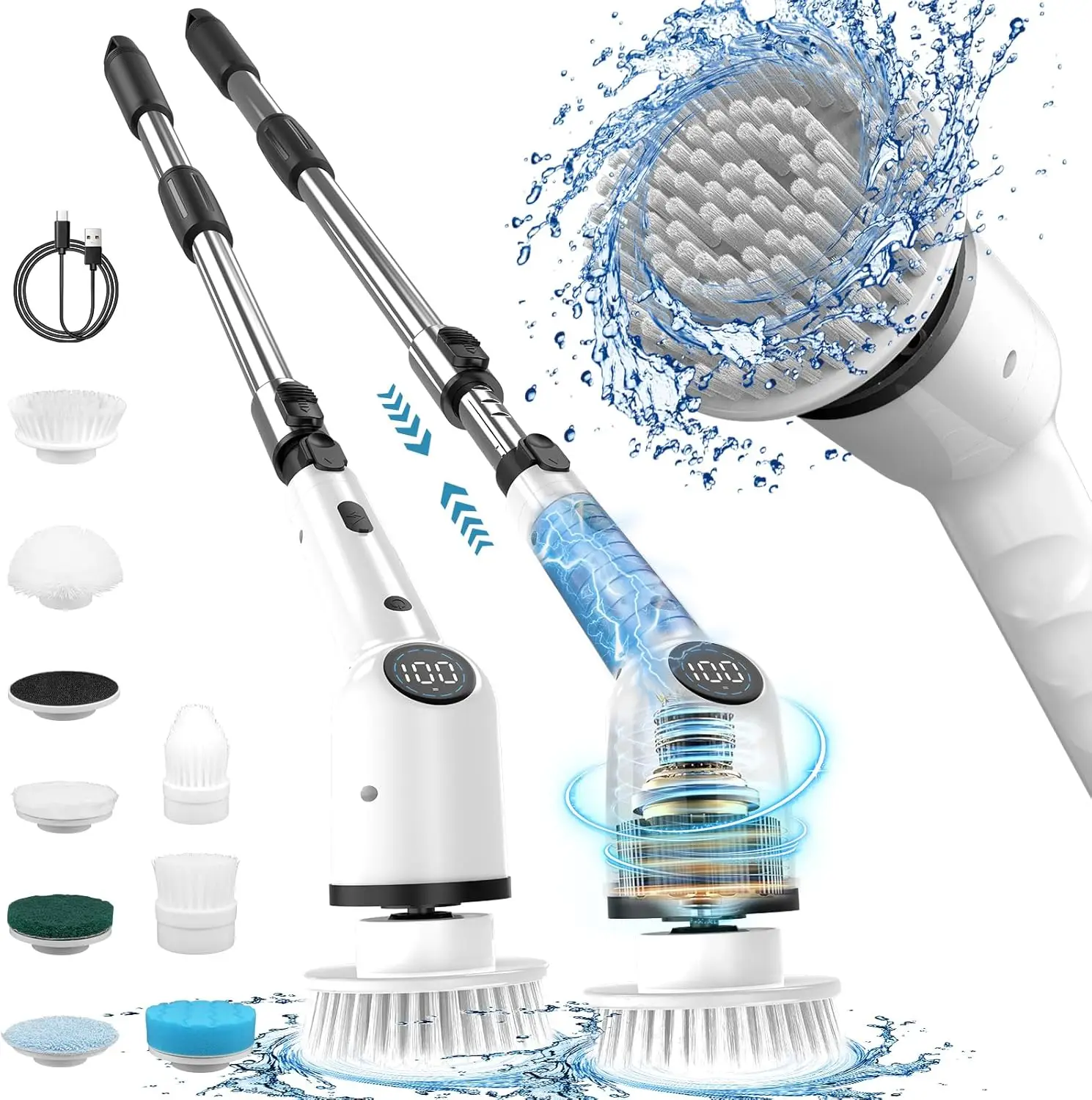 

New Electric Spin Scrubber, Cordless Cleaning Brush with 8 Replaceable Brush Heads, Bathroom Scrubber with Adjustable