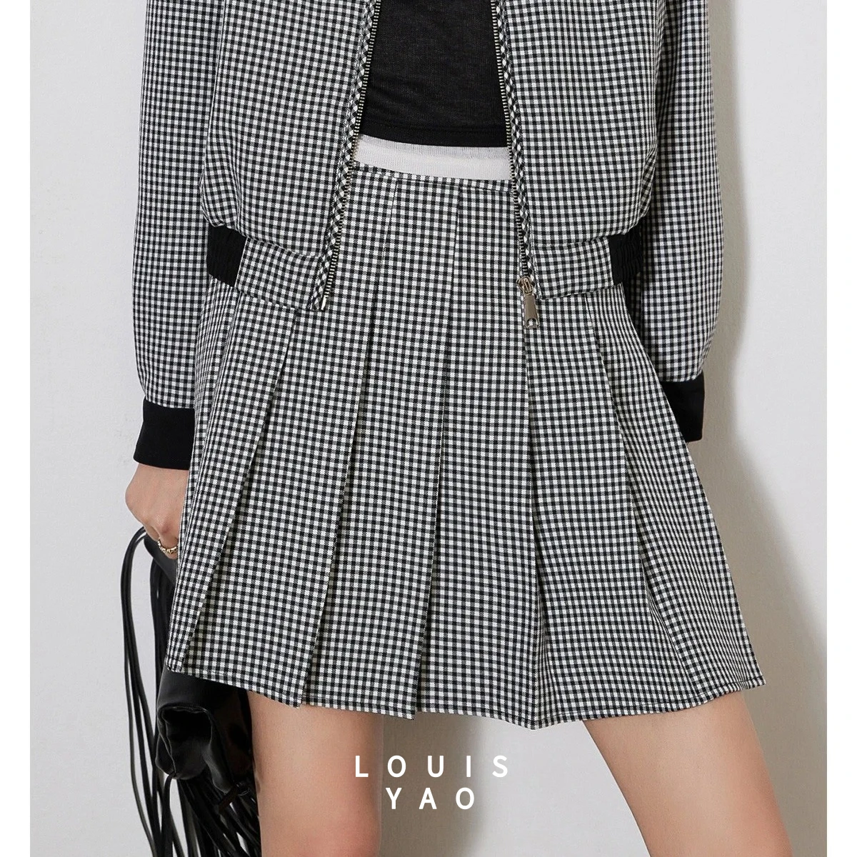 

Юбка мини плиссированная LOUISYAO в черно-белую клетку, женская, весна 2025, с боковой молнией, короткая, повседневная, стильная