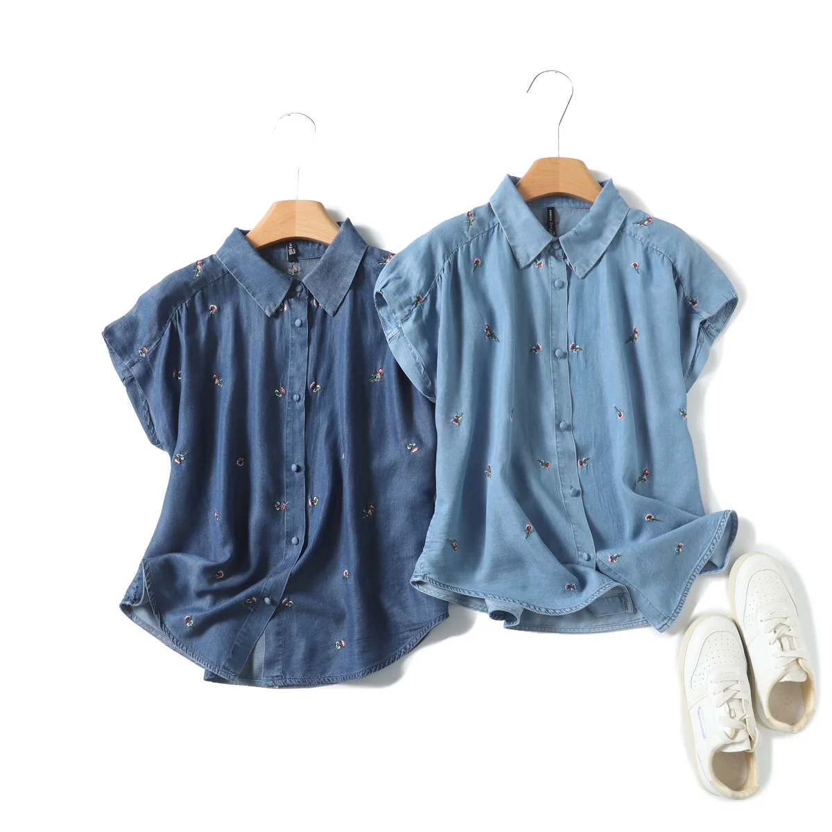 

Japanese Sweet Mori Girl Vintage Flower Embroidery Denim Shirts Women Summer Turn Down Collar Short Sleeve Casual Blouse Tops