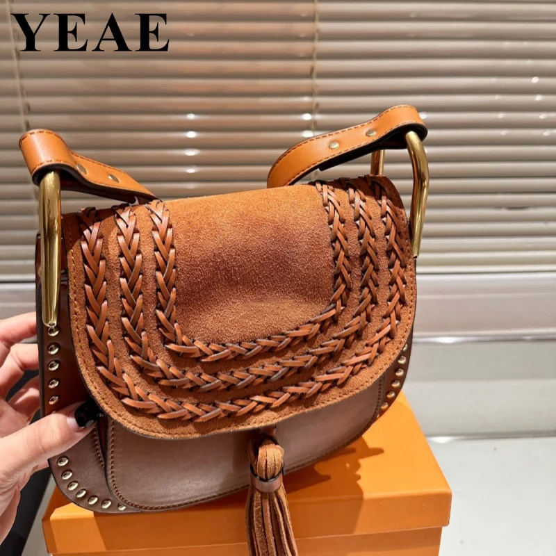 Genuine Leather Saddle Metal Rivet Armpit Bags Women 2023 Tassel Shoulder Crossbody Bag Ladies Vintage Underarm Handbags bolsa