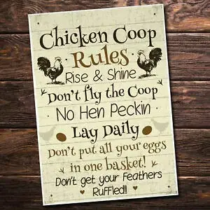 Vintage Metal Tin Sign Chicken Coop Rules Hen Rooster for Home Bar Pub Kitchen Garage Restaurant Wall Deocr Plaque Signs 12x8inc