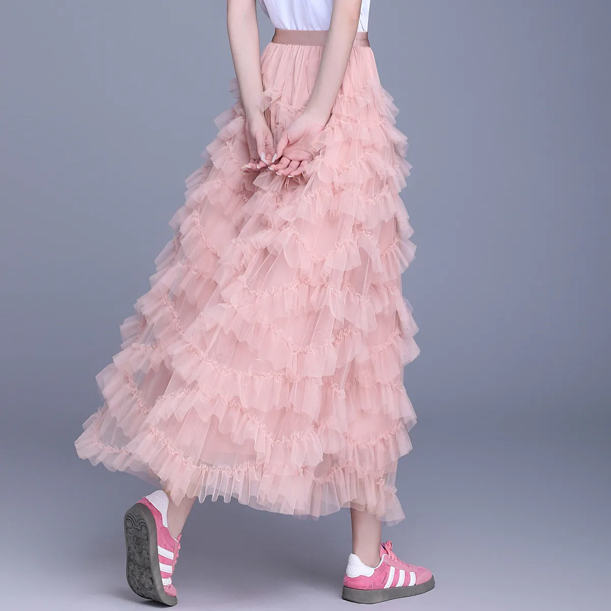LOUIS YAO 2025 Spring High Waist Sweet Mesh Skirt Fashionable Romantic Long Elastic Waist Lightweight Women's Half Body Skirt