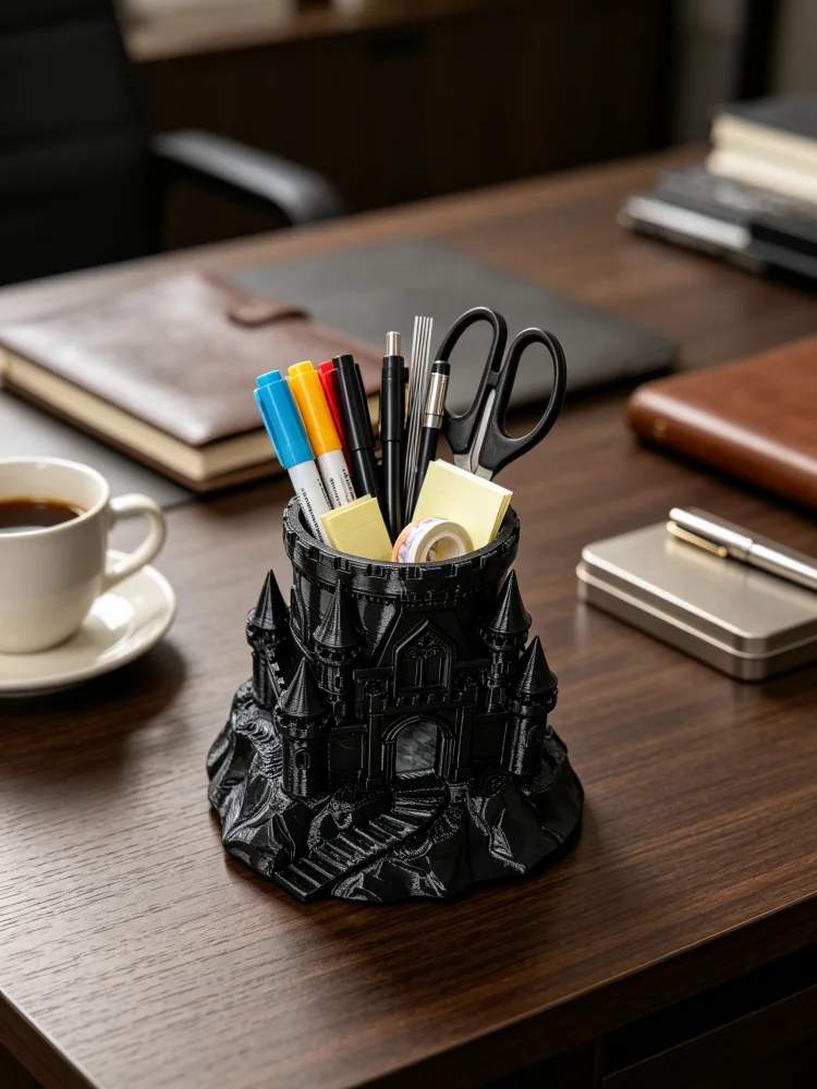 Mountain Castle-Shaped Desktop Storage Container, Gothic Fantasy Castle Pencil Cup, Made of Matte Black Petg Material, with a Delicate Handmade Texture, Creative Castle Ornament, Practical Stationery Organizer, for Organizing Various Stationery Items on the Desk, Dark Medieval Desktop Decoration, Office Supplies, Student Stationery, Atmospheric Desktop Gift, Fantasy-Themed Gift Item