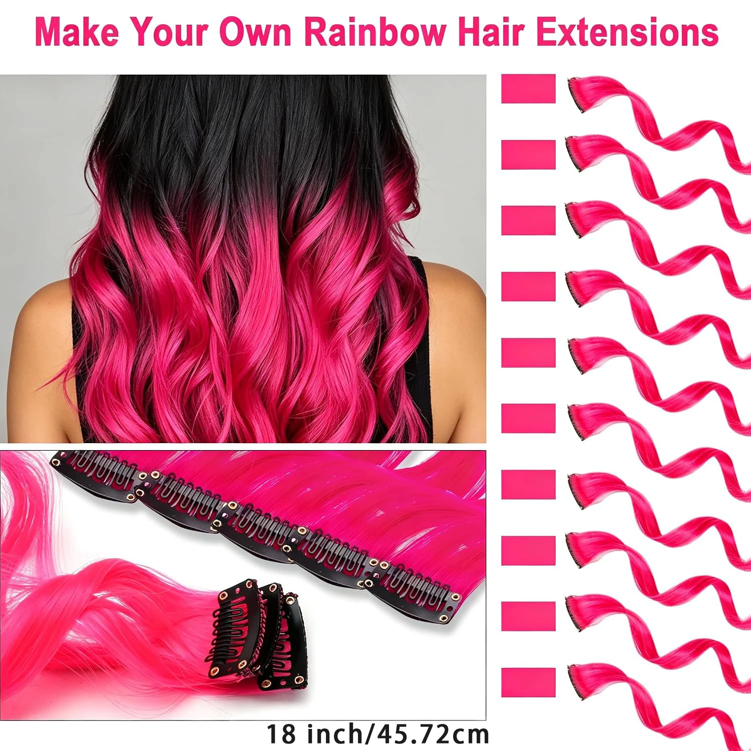 5 Pack Hot Pink Hair Extensions, Clip-in Curly Hair Accessories Gift, 18 In  Colored Party Wavy Hairpiece for Women Synthetic
