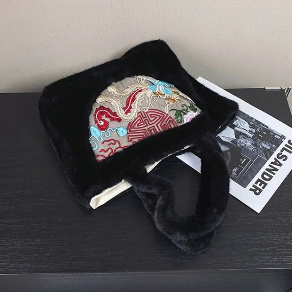 Plüsch-Handtasche im chinesischen Stil, Stickerei mit magnetischer Schnalle, Plüsch-Einkaufstasche, flauschig, großes Fassungsvermögen, Plüsch-Wechselbeutel, Winte