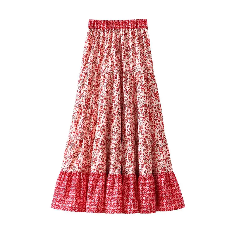 Floral Printed Long Skirt For Women Vintage Loose Lace-up A-Line Elegant and Romantic Wave Shaped Hem Skirt