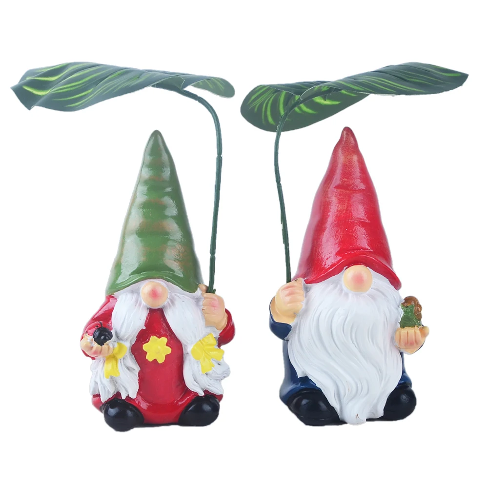 Garden Statues with Leaf Umbrella, 2 Piece Decorative Figurines, Red and Green, Indoor Outdoor Decor