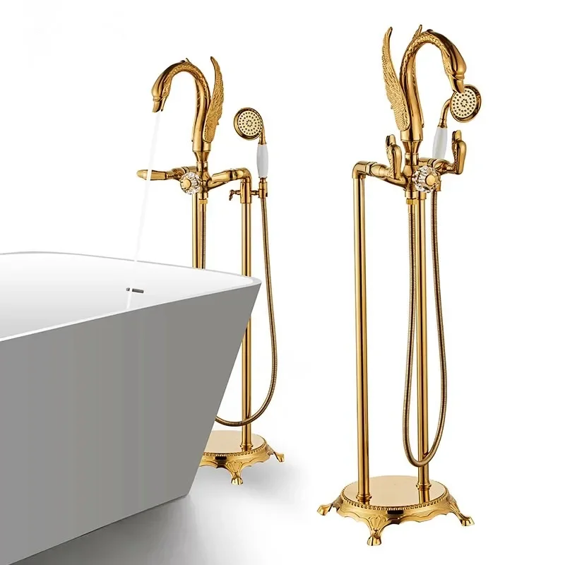 Tuqiu Gold Floor Stand Swan Bathtub Faucet  Brass Bathtub Mixer 360 Degree Rotation Spout with Handshower Head Bath Mixer Shower