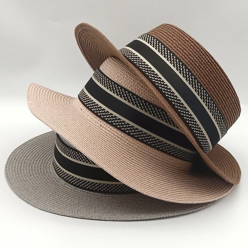 Trend Fashion Retro Summer Flat Top Wide Brim Woven Straw Hat for Women Holiday Beach Sunscreen Ribbon Top Hat Ladies Straw Hat