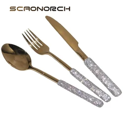 Luxury Stainless Steel Tableware Steak Knife Fork Spoon Kit Bling Diamond Flatware Dish Cutlery Rhinestones Dinnerware 3pcs Set