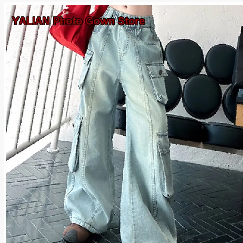 Girls Denim Wide Leg Pants Kids Spring Autumn Gradient Fashion Casual Loose Fit Older Kids
