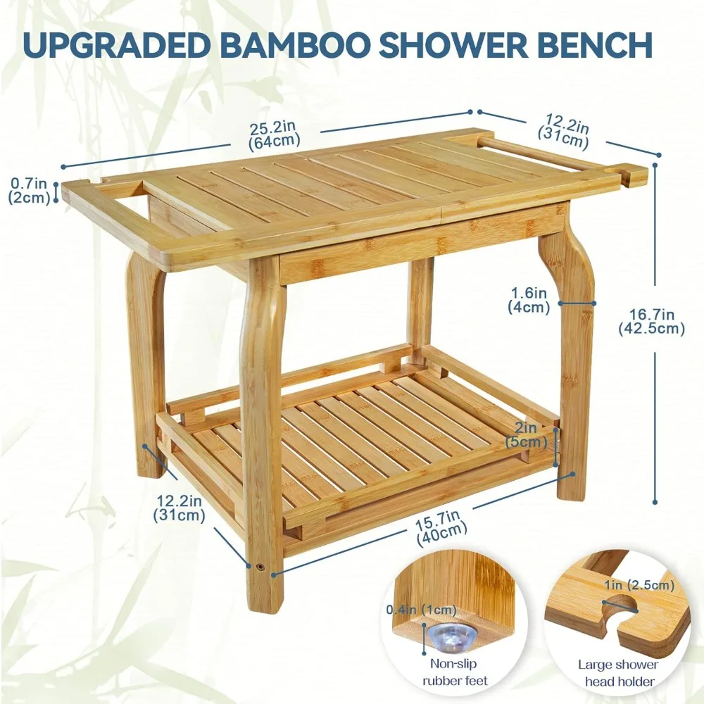 2-Tier Bamboo Shower Bench for Inside Shower Shaving Legs, 25 Inch Waterproof Bathroom Bench Shower Stool with Storage Shelf, Sa