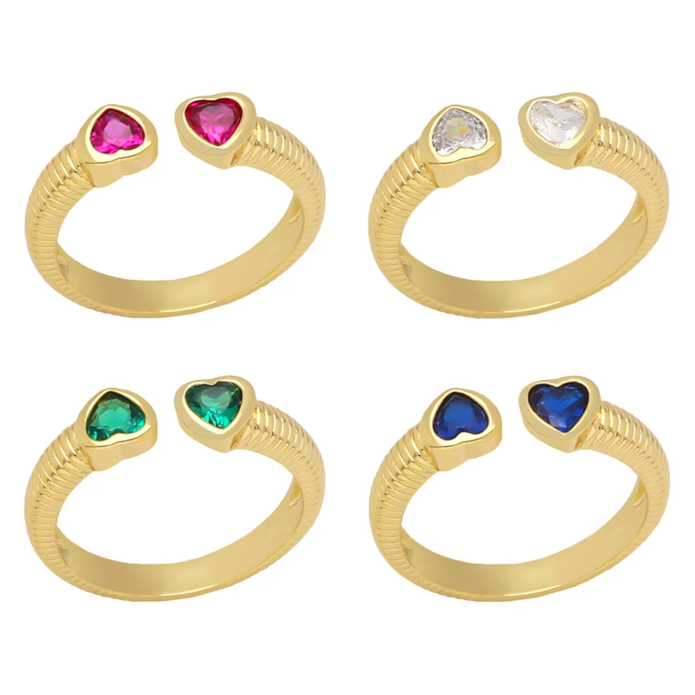 OCESRIO Trendy Multicolor Heart Women‘s Ring Gold Plated Zircon Copper Open Chunky Ring Jewellery Double Heart Wholesale rigq38