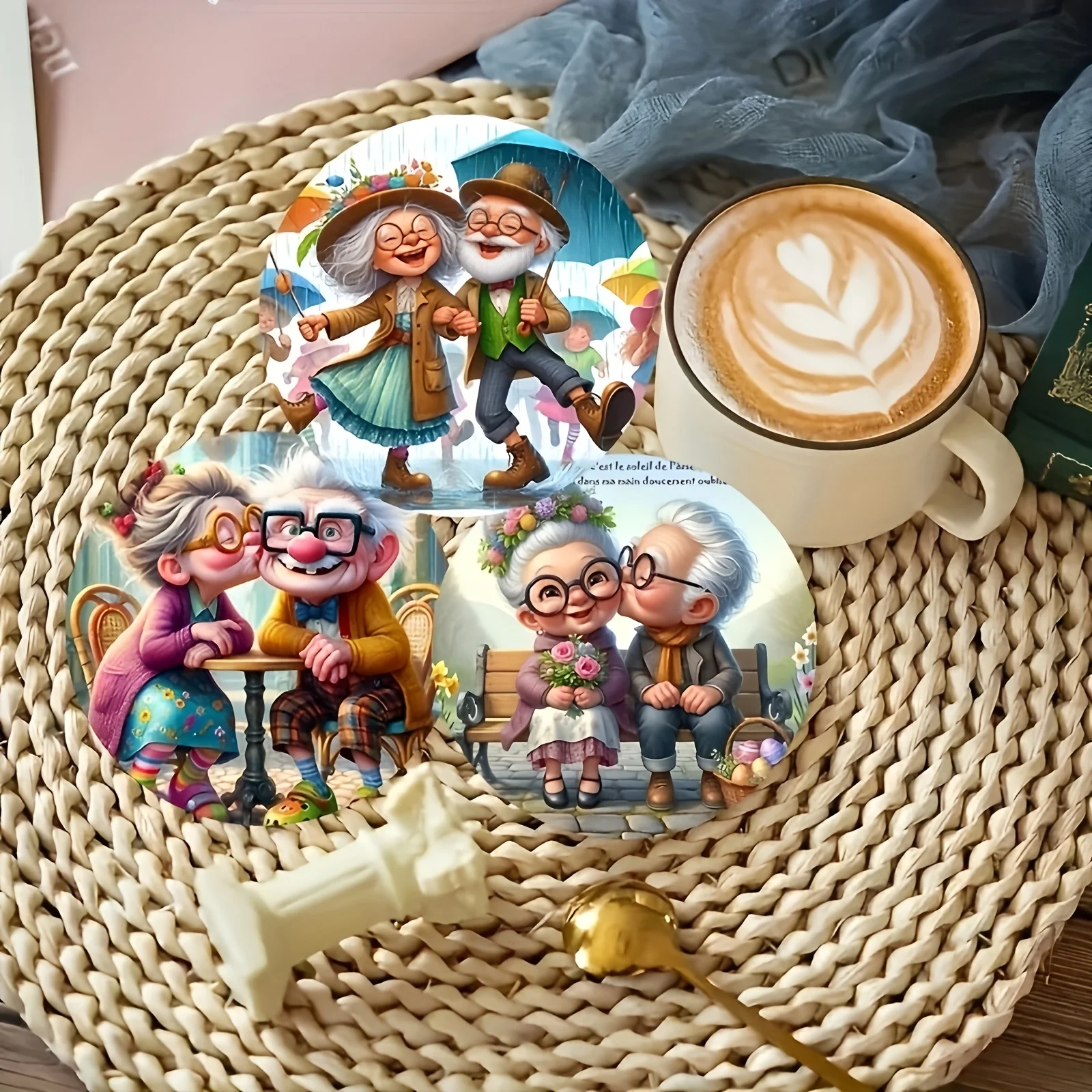 6 Pcs 2D Wooden Coasters White Hair Couple Pattern Theme Desktop Insulation Mats Home Decor Coffee Cup Coasters Office
