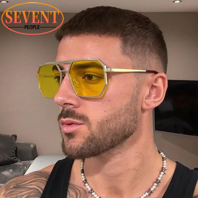 

Vintage Oversized Steampunk Square Sunglasses Men 2025 Luxury Brand Metal Double Beam Sun Glasses For Male Trendy Driving Shades