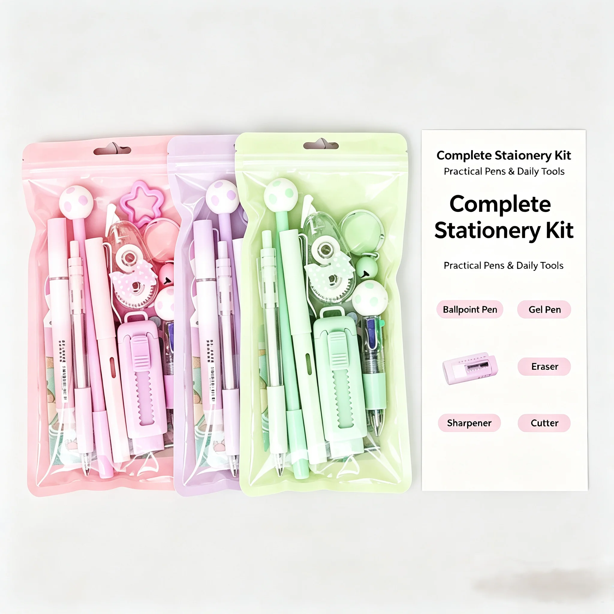 Cartoon School Stationery Set 6 Color Pens Stick Note Student Tools Gift Kit Eraser Large Capacity Learning Gift Box