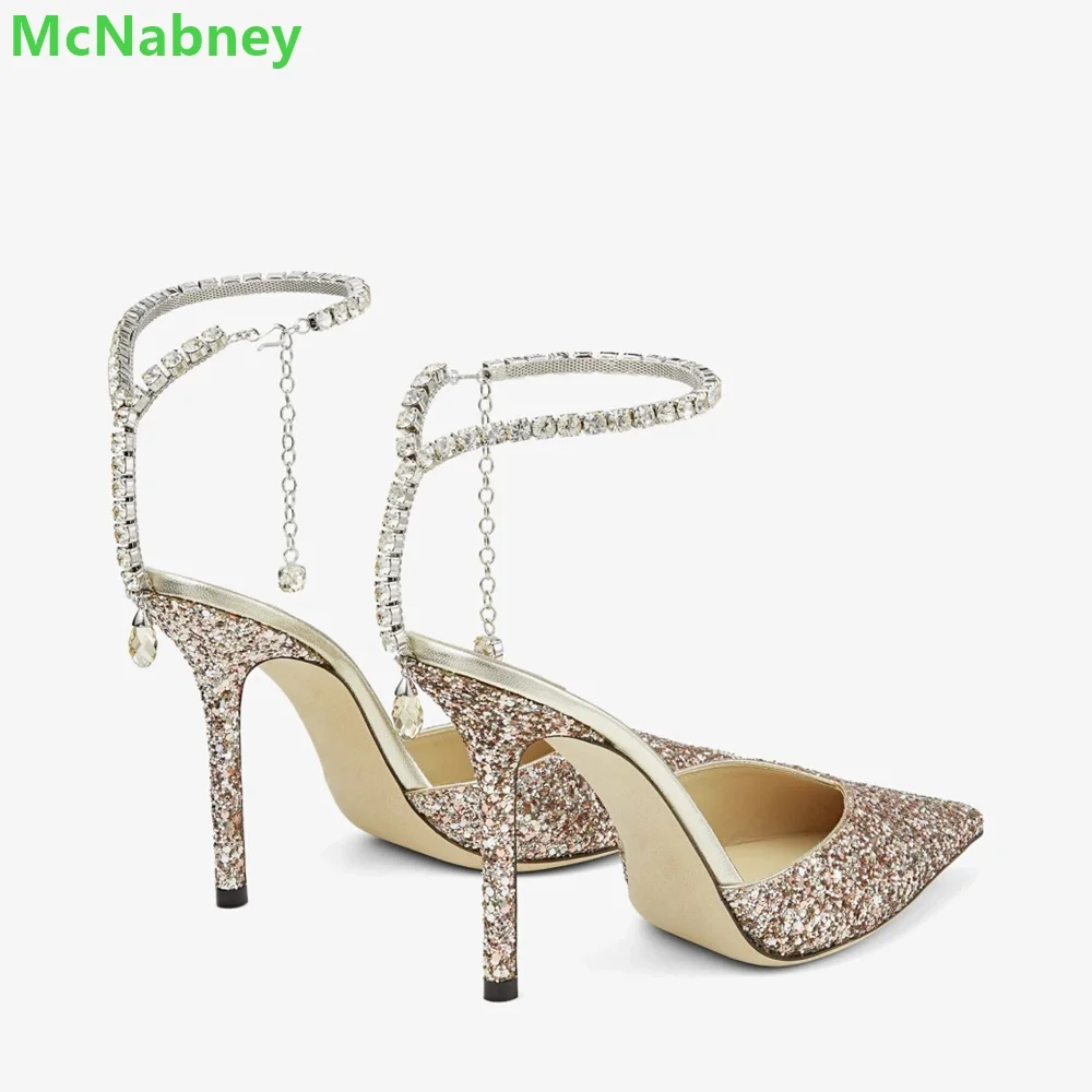 Crystal Slingback Ankle Strap Sandals Pointed Toe Rhinestone Thin High Heel Bling Sexy Elegant Fashion Women Summer Shoes