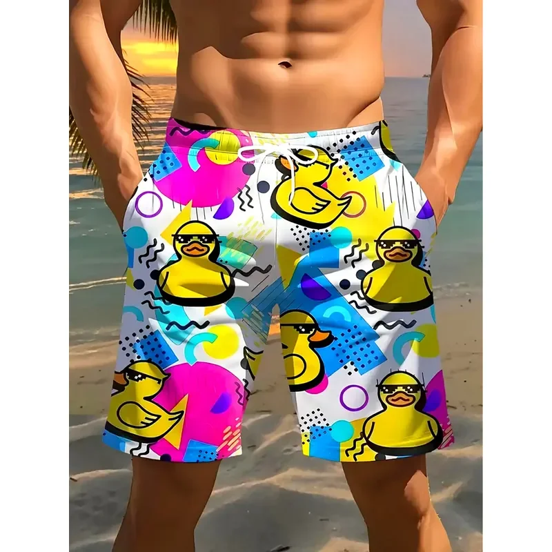 Men Digital Printed Duck Shorts Quick Dry Beach Swimwear Cartoon Geometric Pattern Adjustable Drawstring Breathable Casual