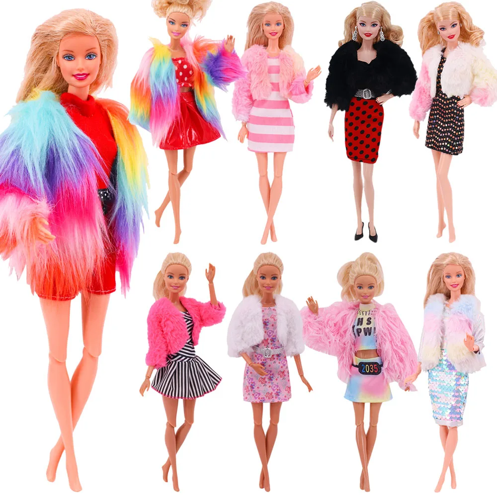 Barbies Doll Clothes 2Pcs=Plush Coat Jacket+ Dress Skirt Pants Clothing For Barbie Doll Clothes Doll Accessories Girl`s Toy Gift