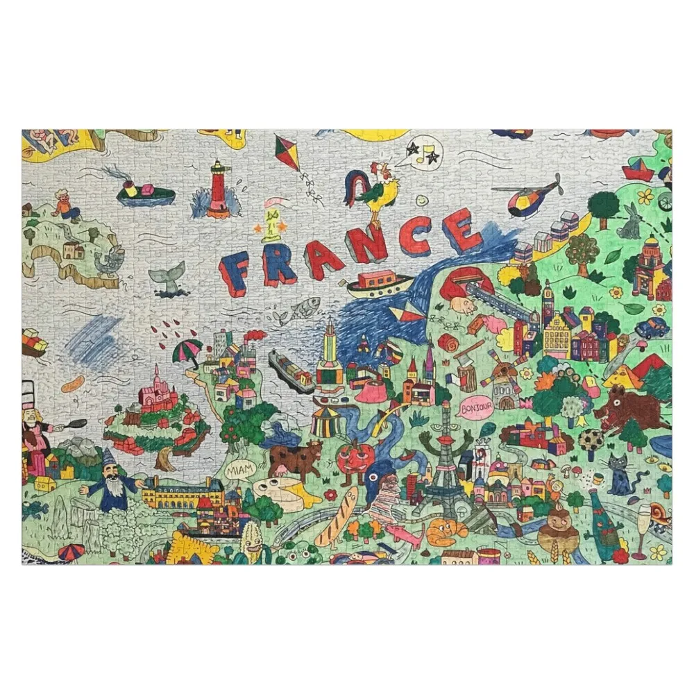 Rompecabezas de Francia con mapa de garabatos con foto personalizada, regalo de madera personalizado, rompecabezas personalizado