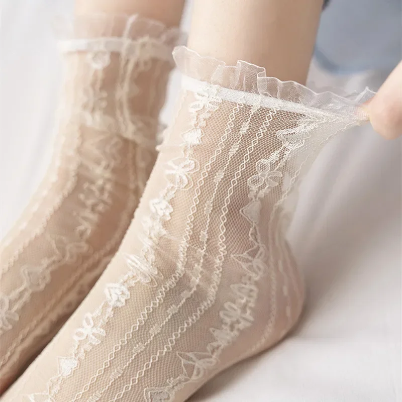 Japan Style Sexy Lace Ruffle Socks Ultra-thin Transparent Summer Hollow Mesh Crew Socks Women Fashion Harajuku Retro Long Socks