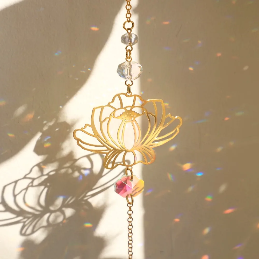 Crystal Lotus Hanging Wind Chimes Stained Glass Suncatcher Aesthetic Landscape Window Drop Bell Balcony Yard Sun Catcher