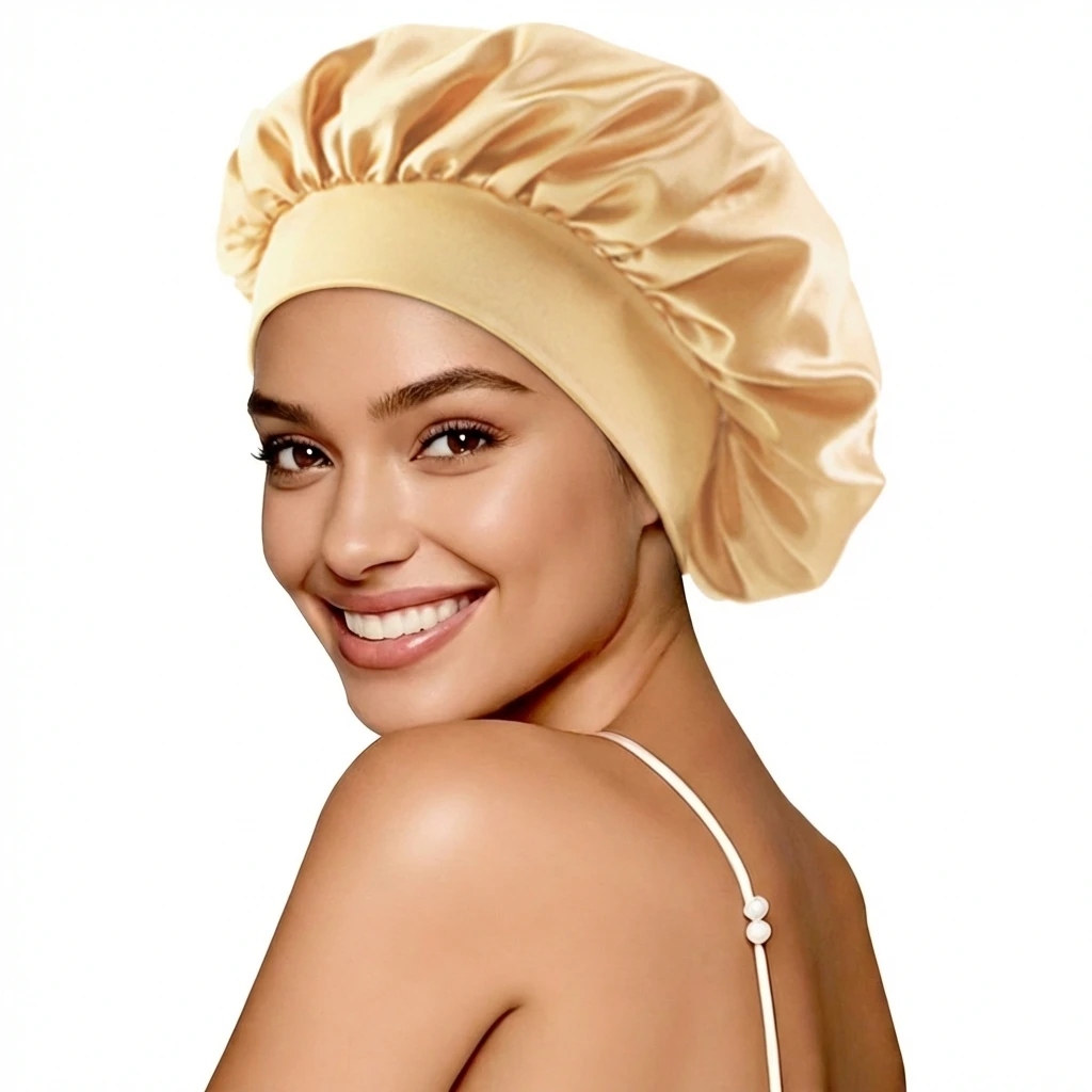 Neue Damen-Schlafmütze aus Satin in Uni-Farbe, atmungsaktiv und weich, Schlaf-Turban-Mütze für lockiges Haar. – Detail 8