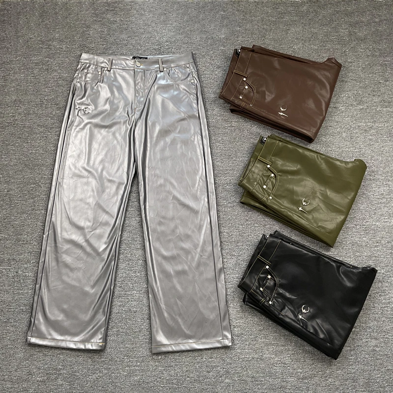 

Autumn Streetwear THUG CLUB Pu Leather Pants Men's Loose Embroidery Metal Logo Casual Pants Thug Club Glossy Leather Trousers